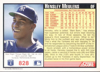 1991 Score #828 Hensley Meulens Back
