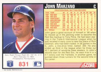 1991 Score #831 John Marzano Back