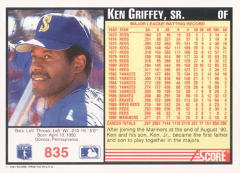 1991 Score #835 Ken Griffey, Sr. Back