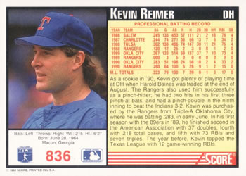 1991 Score #836 Kevin Reimer Back