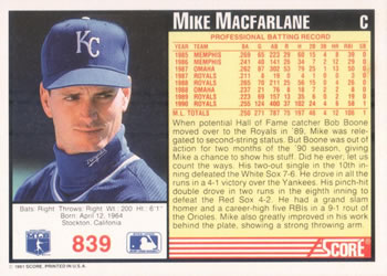 1991 Score #839 Mike Macfarlane Back
