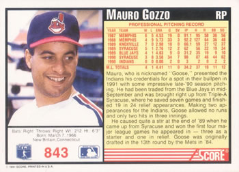 1991 Score #843 Mauro Gozzo Back