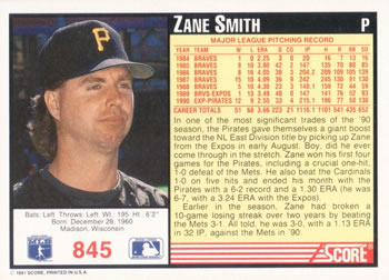 1991 Score #845 Zane Smith Back
