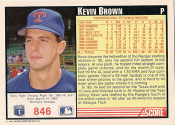 1991 Score #846 Kevin Brown Back