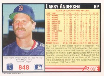 1991 Score #848 Larry Andersen Back