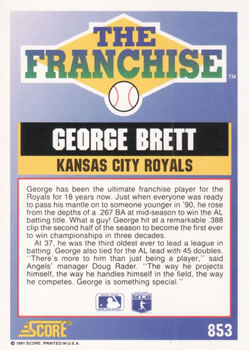 1991 Score #853 George Brett Back