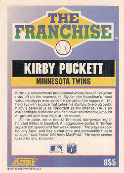 1991 Score #855 Kirby Puckett Back