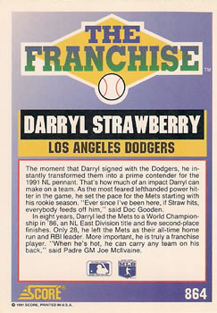 1991 Score #864 Darryl Strawberry Back