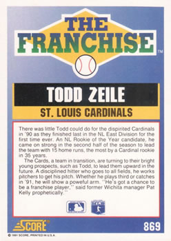 1991 Score #869 Todd Zeile Back
