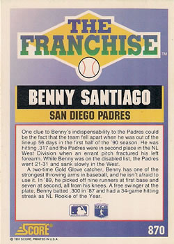 1991 Score #870 Benny Santiago Back