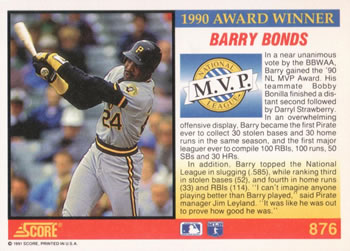 1991 Score #876 Barry Bonds Back