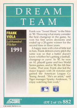 1991 Score #882 Frank Viola Back