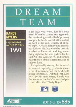 1991 Score #885 Randy Myers Back
