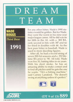 1991 Score #889 Wade Boggs Back