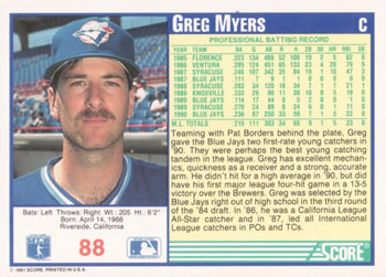1991 Score #88 Greg Myers Back