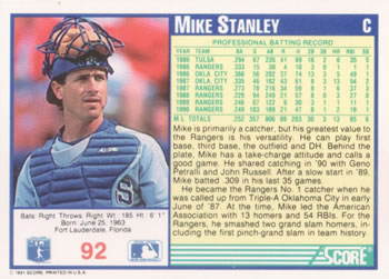 1991 Score #92 Mike Stanley Back