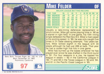 1991 Score #97 Mike Felder Back