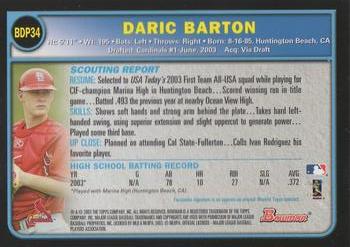 2003 Bowman Draft Picks & Prospects #BDP34 Daric Barton Back