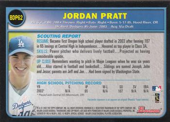 2003 Bowman Draft Picks & Prospects #BDP62 Jordan Pratt Back