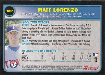 2003 Bowman Draft Picks & Prospects #BDP69 Matt Lorenzo Back