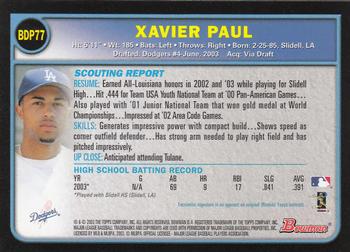 2003 Bowman Draft Picks & Prospects #BDP77 Xavier Paul Back