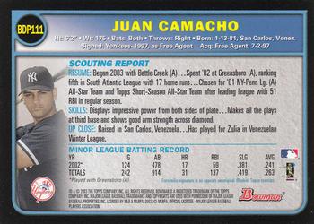 2003 Bowman Draft Picks & Prospects #BDP111 Juan Camacho Back