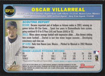 2003 Bowman Draft Picks & Prospects #BDP119 Oscar Villarreal Back