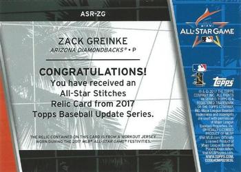 2017 Topps Update - All-Star Stitches Relics Orange #ASR-ZG Zack Greinke Back