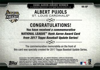 2017 Topps Update - Hank Aaron Award Commemorative Patch #HA-AP Albert Pujols Back