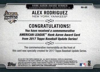 2017 Topps Update - Hank Aaron Award Commemorative Patch #HA-AR Alex Rodriguez Back