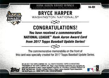 2017 Topps Update - Hank Aaron Award Commemorative Patch #HA-BH Bryce Harper Back
