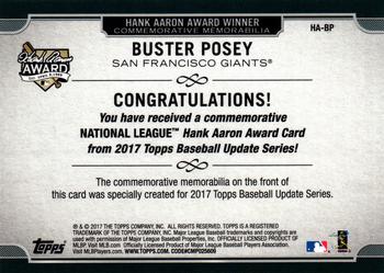 2017 Topps Update - Hank Aaron Award Commemorative Patch #HA-BP Buster Posey Back