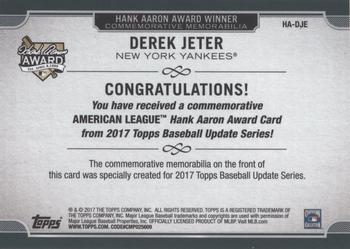 2017 Topps Update - Hank Aaron Award Commemorative Patch #HA-DJE Derek Jeter Back