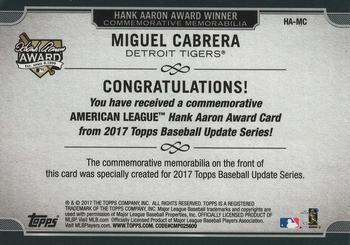 2017 Topps Update - Hank Aaron Award Commemorative Patch #HA-MC Miguel Cabrera Back