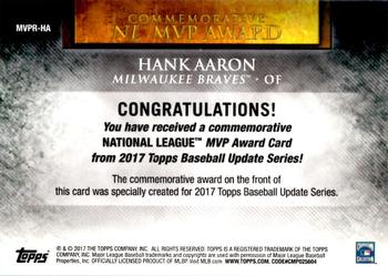 2017 Topps Update - MVP Award Commemorative Medallions #MVPR-HA Hank Aaron Back