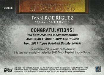 2017 Topps Update - MVP Award Commemorative Medallions #MVPR-IR Ivan Rodriguez Back