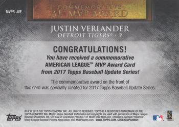 2017 Topps Update - MVP Award Commemorative Medallions #MVPR-JVE Justin Verlander Back