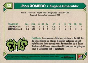 2017 Grandstand Eugene Emeralds #NNO Jhon Romero Back