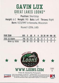 2017 Choice Great Lakes Loons #11 Gavin Lux Back