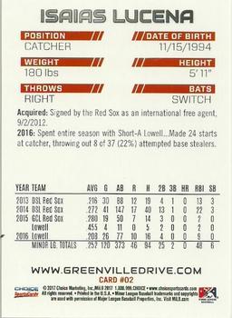 2017 Choice Greenville Drive #2 Isaias Lucena Back