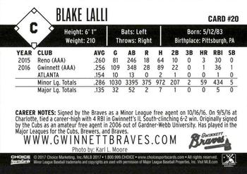 2017 Choice Gwinnett Braves #20 Blake Lalli Back