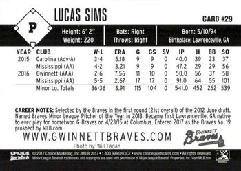 2017 Choice Gwinnett Braves #29 Lucas Sims Back