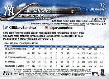 2018 Topps Opening Day #72 Gary Sanchez Back