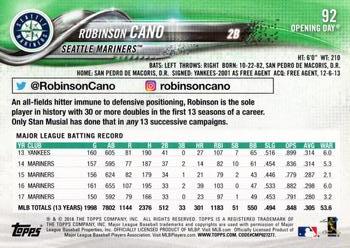 2018 Topps Opening Day #92 Robinson Cano Back