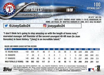 2018 Topps Opening Day #100 Joey Gallo Back