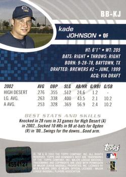 2003 Bowman's Best #BB-KJ Kade Johnson Back