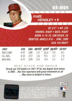 2003 Bowman's Best #BB-MDH Matt Hensley Back