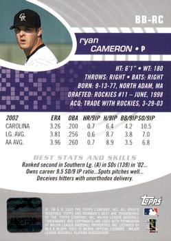 2003 Bowman's Best #BB-RC Ryan Cameron Back