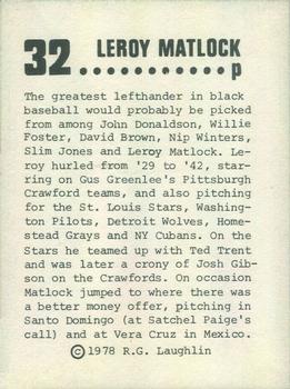 1978 Laughlin Long-Ago Black Stars #32 Leroy Matlock Back