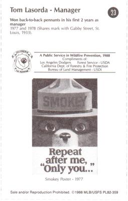 1988 Los Angeles Dodgers Record-Breakers Smokey #23 Tom Lasorda Back